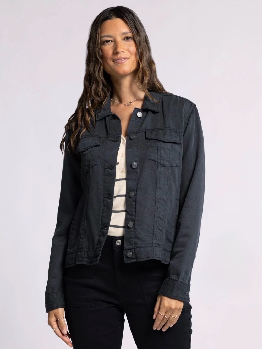 Thread & Supply Black Denim Jacket Button Front Cotton Rayon Heavy Coat Women M